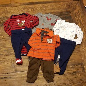 Newborn Baby Boy Lot of 7 Wildlife Theme Pants/Shirts Sets + 1 Footed Sleeper